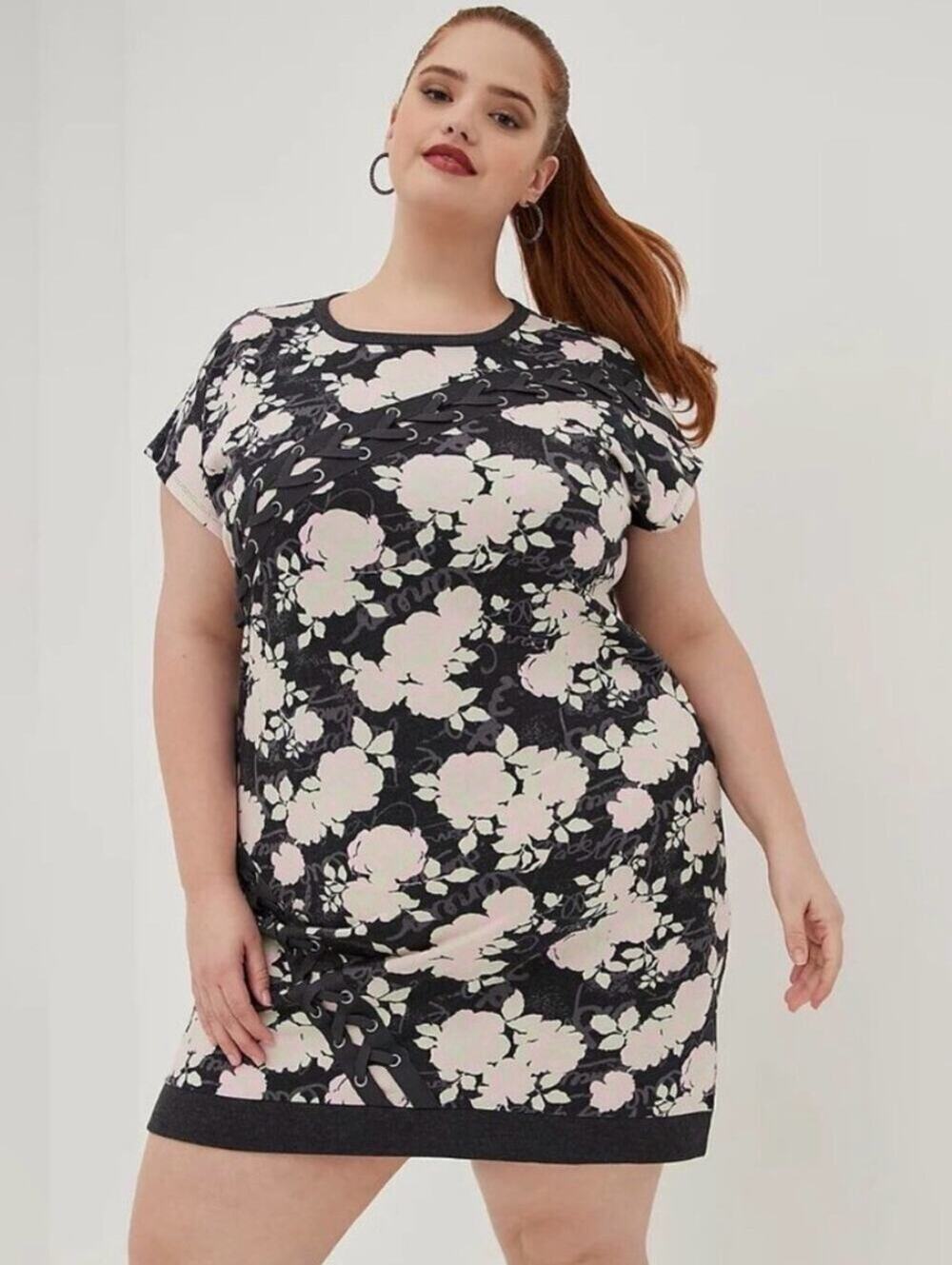Torrid Lovesick Black Pink Floral Lace-Up T-Shirt Dress 4X NWT